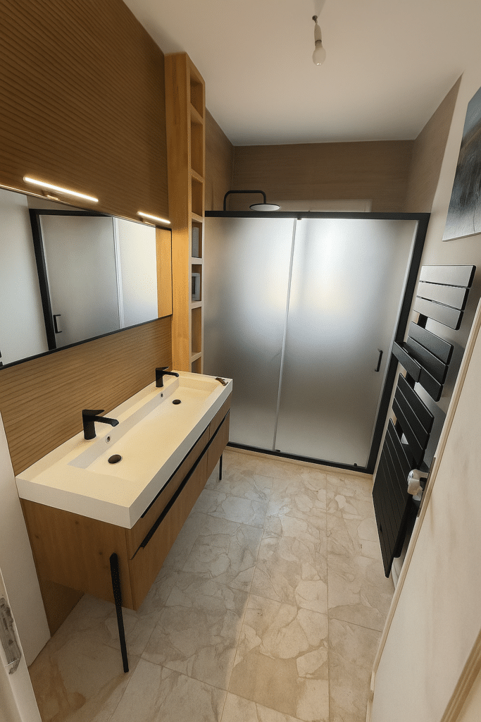 Salle d’eau en longueur : relief bois & verre dépoli